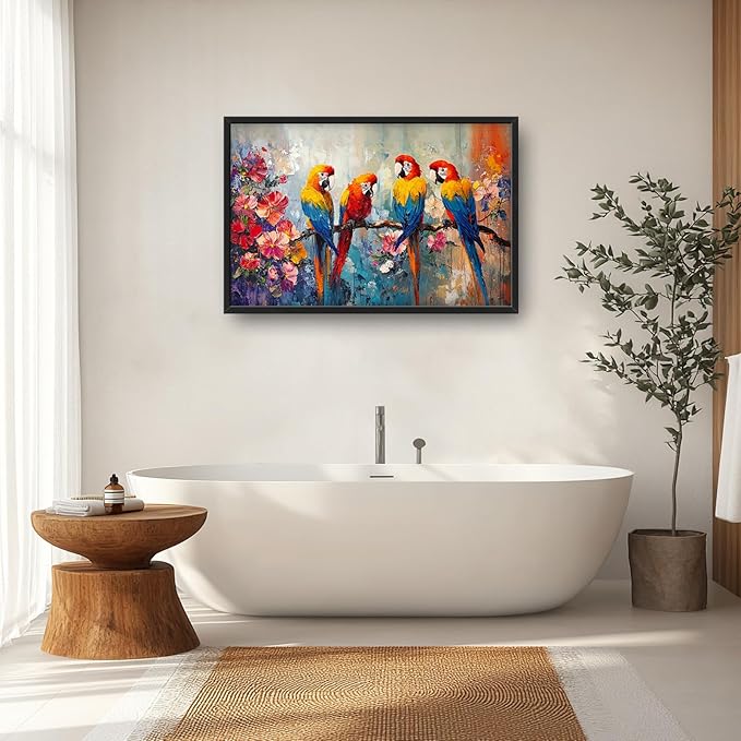 Extra Large Framed Parrot Bird Wall Art,Oversized Abstract Colorful Parrots Flower Wall Decor Pictures for Living Room,Canvas Print Painting Modern Artwork Bedroom Office Bathroom Home Decor 36L x24W-PawvioPets