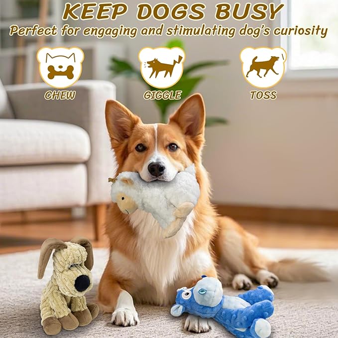 3Pack Squeaky Stuffed Dog Toys- Indoor&Outdoor Playing Toys for Large to Small, Durable Plush Toys to Keep Them Busy- Animal Shape Crinkle Toy-PawvioPets