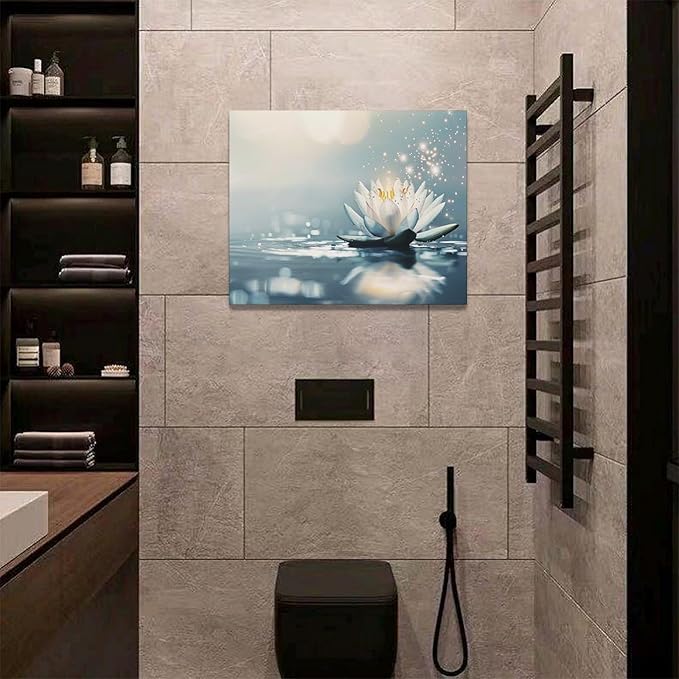 Bathroom Lotus Wall Art Floral Pictures Zen Meditation Wall Decor Yoga Spa Spiritual Canvas Print Painting Artwork for Bathroom Restroom Living Room Bedroom 16"x20"-PawvioPets