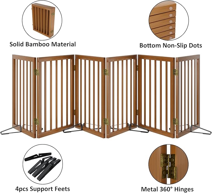 Freestanding Pet Gate Foldable Dog Gate (110 inches Wide) Walnut Bamboo Dog Gates for Stair Doorways House Puppy Fences Indoor (4 Support Feet Included)-PawvioPets