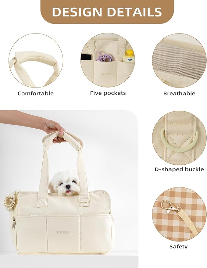 Dog Purse Carrier for Small Dogs Rabbit cat with Large Pockets, Cotton Bag, Dog Carrier Soft Sided, Collapsible Travel Puppy Carrier (Beige, 13.6" L x 6.5" W x 10" H)-PawvioPets