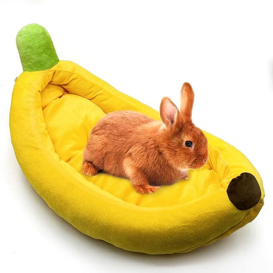 Bunny Bed,Rabbit Bed,Thick&Soft with Removable Mat,Machine Washable Guinea Pig Cushion,Cozy Bunny Plush House,Warm Small Animal Sleeping Beds(Yellow Banana Shape-M)-PawvioPets