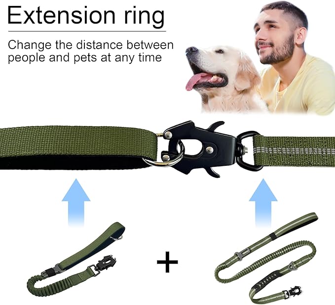 20” Strong Short Leash for Dog, Heavy Duty Bungee Dogs Leash with Padded Handle Car Seatbelt, Dog Training Leashs for Large or Medium Dogs - Can be Used with Other leashes (Army Green)-PawvioPets