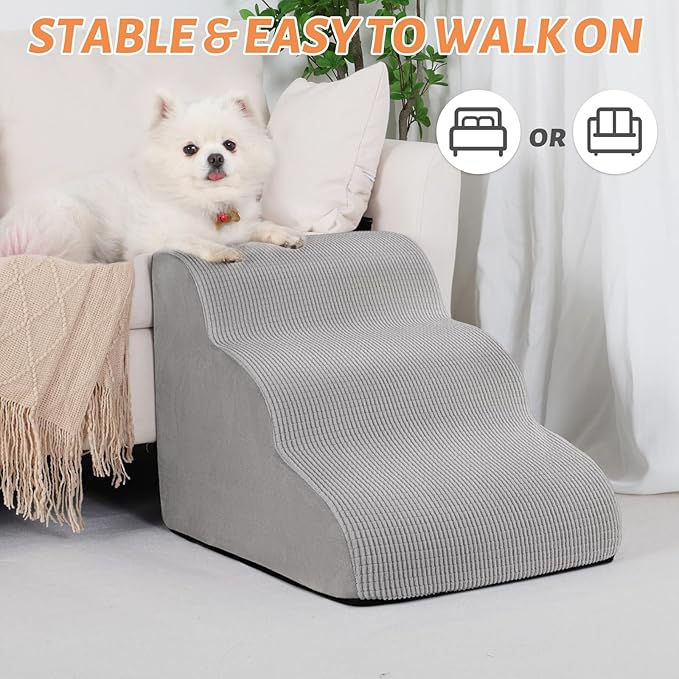 3-Step Dog Ramp and Stairs for Sofa and Chair - Non-Slip Sturdy Pet Steps for Small Dogs and Cats,15.7" H,Light Grey-PawvioPets