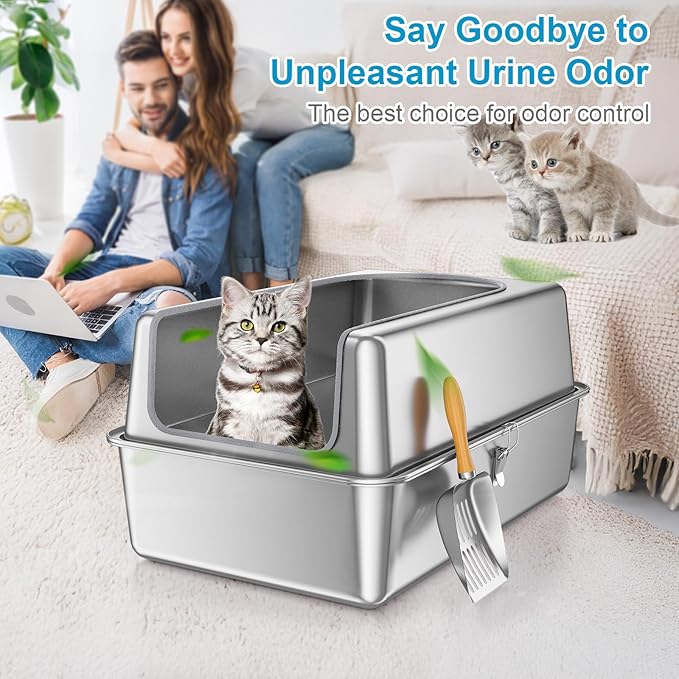 12'' High Sides XL All Stainless Steel Cat Litter Box with Lid,Deep Metal Litter Box for Big Cats,Extra Large Litter Boxes with High Wall Enclosure,Anti-Leakage,Never Absorbs Odors,Non-Sticky Surface-PawvioPets