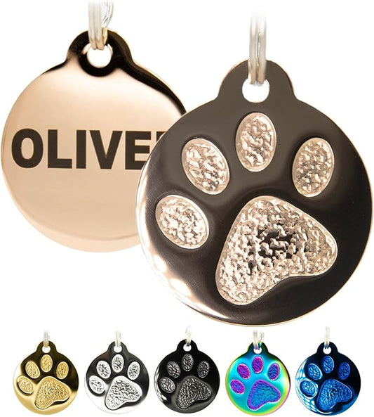Engraved Pet Tag for Dogs and Cats - Personalized Front & Back up to 4 Lines of Text Custom Engraved ID, Round Paw Print Solid Plating Stainless Steel Rose Gold Regular-PawvioPets