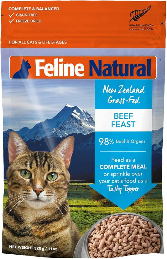 Feline Natural High Protein Dry Cat Food, Freeze-Dried Diet with 98% Meat, Organs & Seafood, No Peas, Grains, or Artificial Additives, Made in New Zealand, Beef, 11oz-PawvioPets