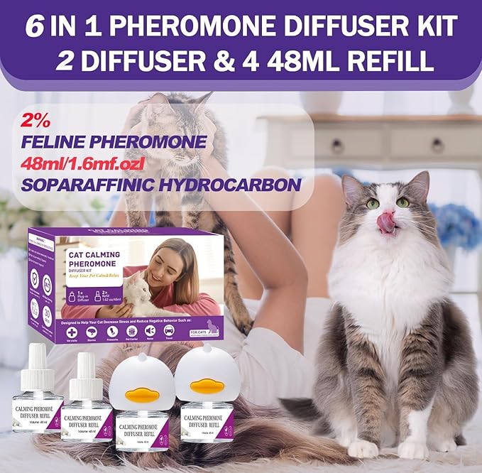 Cat Calming Diffuser, Cat Pheromones Calming Diffuser, Pheromone Dffuser to Calm Cats, Cat Calming Diffuser with 2 Diffuser + 4 Refill,120 Days for Cats Relief Stress Anxiety (Purple)-PawvioPets