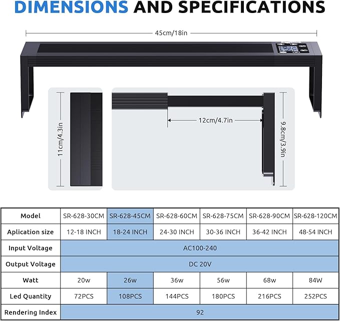 24/7 LED Aquarium Plant Light for 18-24 Inch Fish Tank, Auto On Off with Timer, 9 Colors, Adjustable Brightness, Daylight & Moonlight Mode, Full Spectrum Fish Tank Light for Plants, 26W-PawvioPets
