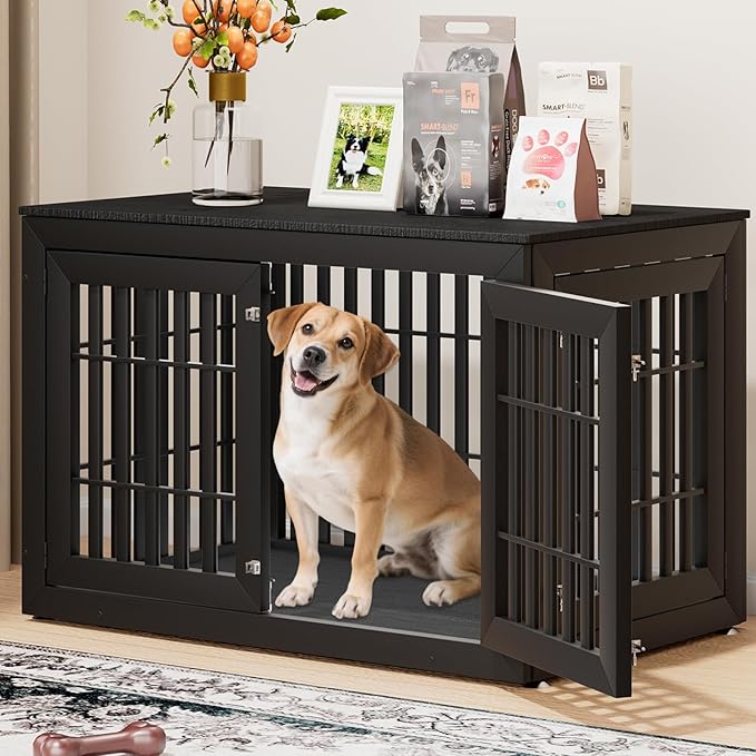 48" Heavy Duty Dog Crate Furniture for Small,Medium and Large Dogs,Rustic Wooden Dog Cage Kennel Indoor Furniture with Waterproof Top,Decorative Pet House Side End Table (Black)-PawvioPets
