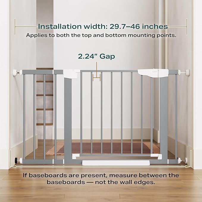 Cumbor 29.7-46" Baby Gate for Stairs, Gifts for Mom-Auto Close Dog Gate for The House, Easy Install Pressure Mounted Pet Gates for Doorways, Easy Walk Thru Wide Safety Gate for Dog, Gray-PawvioPets