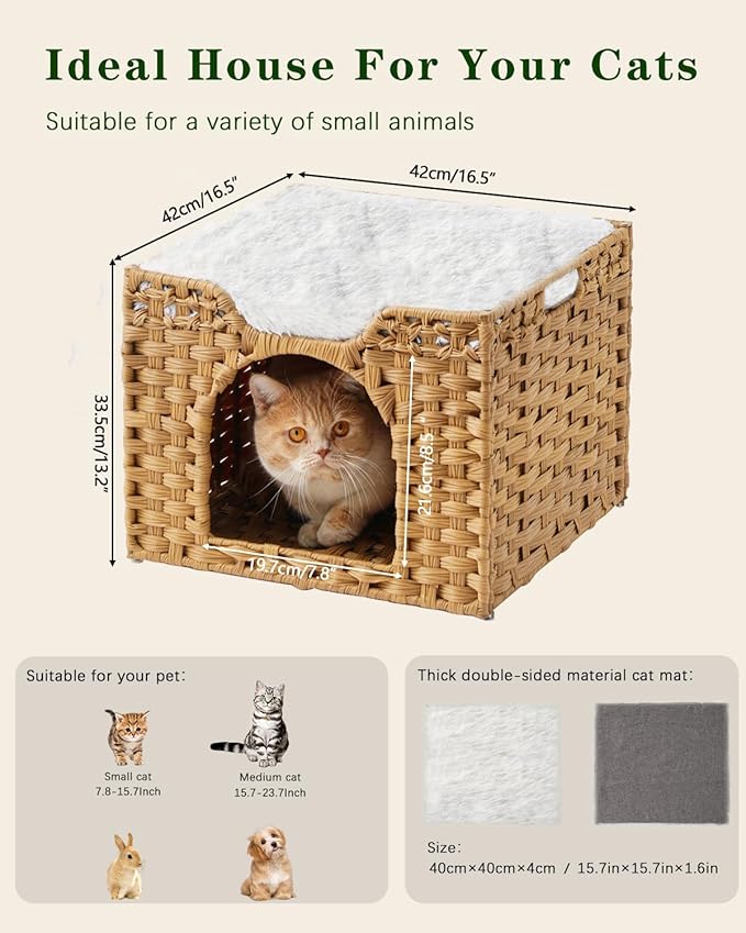 Cat Beds Indoor Kitten House, Handwoven Rattan Cat Cave Pet Cube, Large Cat Houses, One Bed Mat, Foldable, Hideaway, 16.5x16.5x13.2 Inches, 2 S-Shaped Hooks in Living Room Bedroom Natural-PawvioPets