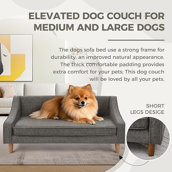 Dog Sofa Couch for Medium to Large Dogs, Durable Pet Sofa with Washable Fabric, Elevated Mini Dog Bed with Wooden Legs for Medium and Large Dogs, Dark Grey-PawvioPets