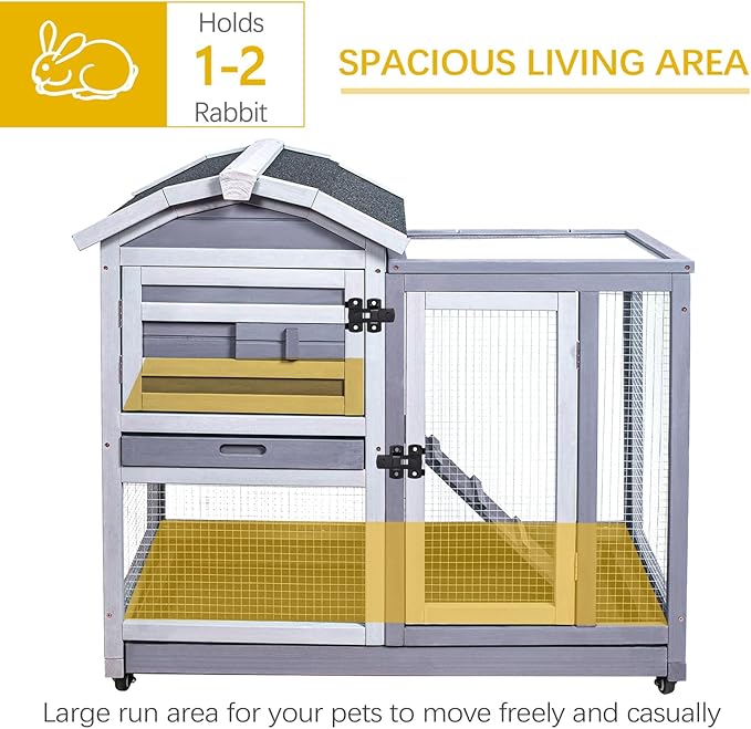 GEGURI Rabbit Hutch Indoor Rabbit Cage Outdoor, Wooden Bunny Cages for Guinea Pig with Wheels, Removable Tray, Ramp-PawvioPets