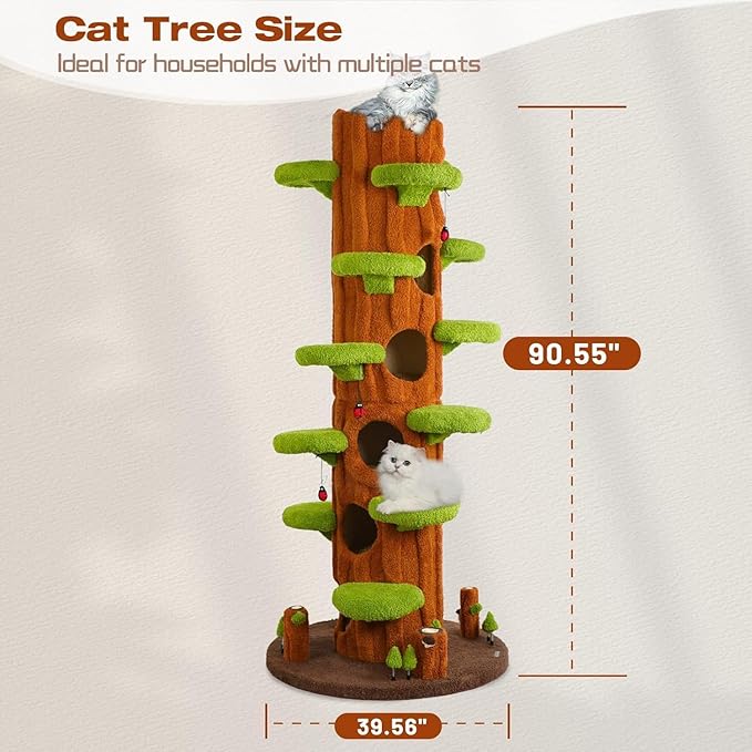 Extra Large Cat Tree Tower,90.55" Tall Forest Theme Cat Condo for Indoor Cats,Multi-Level Luxury Huge Cat Condo with Scratching Mats,Removable Mats,Heavy Duty House with Toys for Multi-Cat Household-PawvioPets