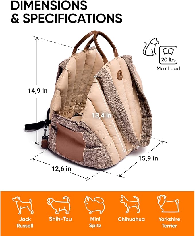 Dog Travel Bag | Cat Carrier | Small Pet Taxi | Lightweight Soft-Sided Tote, Car-Seat Compatible, Washable, 6–20 lb | Vegan Materials | Brown-PawvioPets