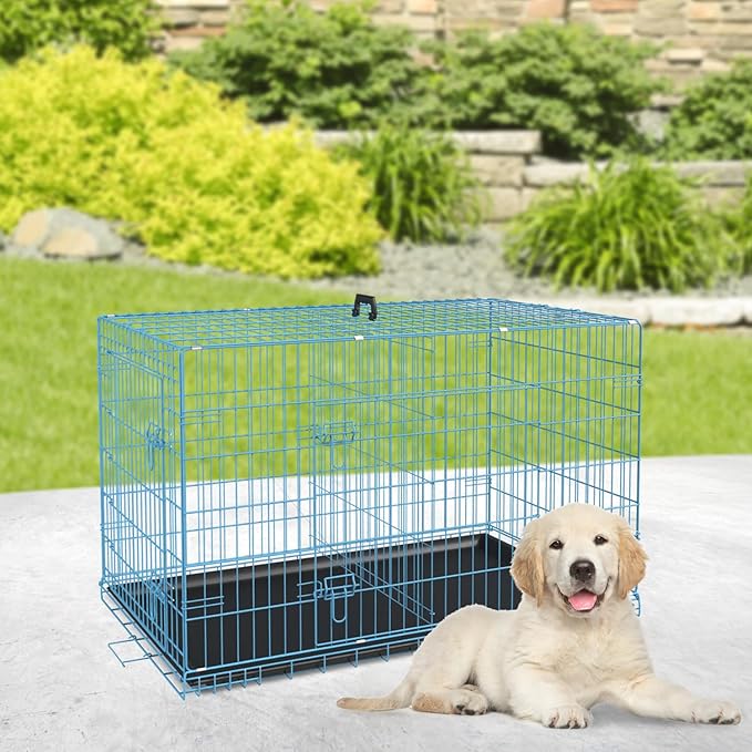BestPet | Dog Crate | 24" | Blue | Foldable Metal Kennel with Double Doors, Secure Slide-Bolt Latches, Leakproof Tray | Portable Dog Cage for Small Breeds | for Travel, Indoor & Outdoor Use-PawvioPets