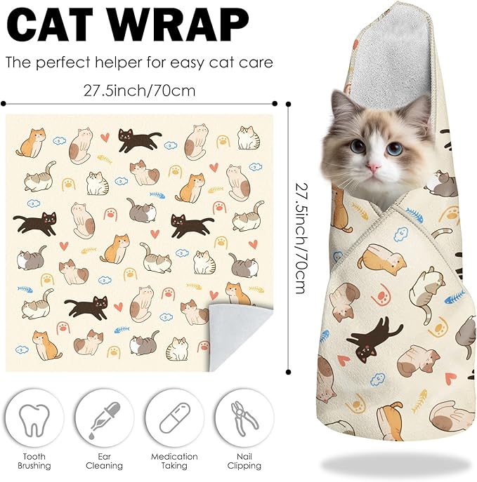 27.6"Cat Grooming Wrap, Self Adhesive Cat Wrap for Cutting Nails, Anti-Escape Calming Cat Swaddle Wrap for Medicine Ear Cleaning, Anti-Scratch Cats Burrito Restraint Blanket, Multifunctional Pet Tool-PawvioPets