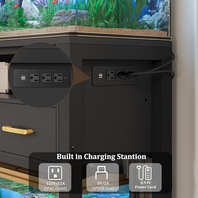 40-50 Gallon Aquarium Stand with Stable Metal Frame & Power Outlet, Heavy-Duty Fish Tank Stand with Waterproof Mat, 800LBS Capacity Storage Cabinet, Suitable for Turtle Tank, Reptile Terrarium, Black-PawvioPets