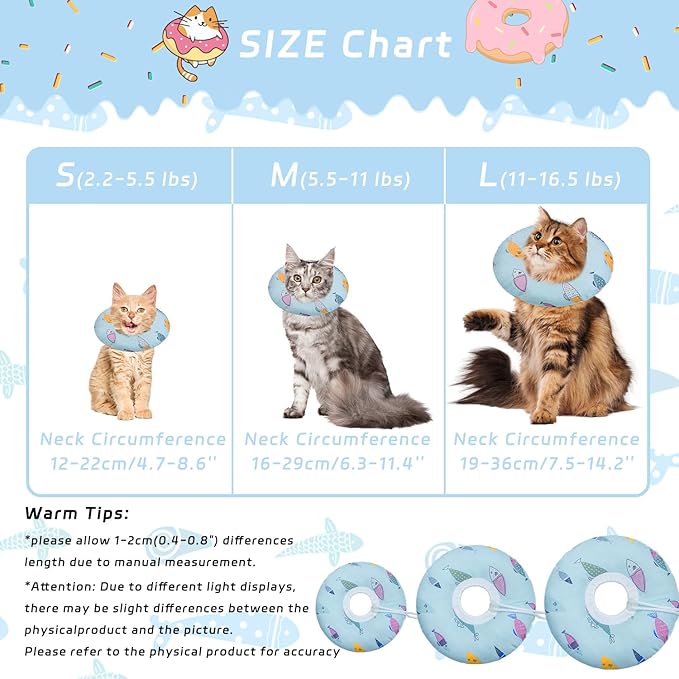 Cat Cone Collar Soft, Kitten Spay Soft Cones to Stop Licking, Cat Neck Donut Pillow After Surgery, Kittens Protective Collar After Spay, Cute Recovery Cone for Cats (Blue Fish, Small)-PawvioPets
