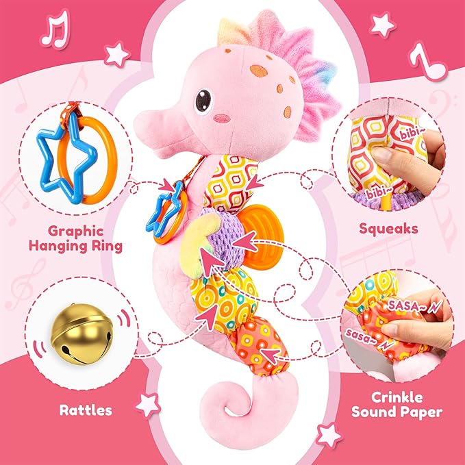 Baby Toys 0 to 12 Months, Musical Stuffed Animal Activity Soft Toys with Multi-Sensory Crinkle, Rattle and Textures,Infant Tummy Time Toys for Newborn Girls, Seahorse, Pink-PawvioPets