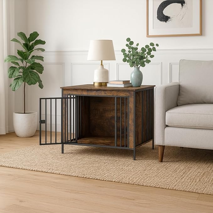 Dog Crate Furniture 40" Sturdy Heavy Duty Dog Kennel Solid Metal Tube Thick Wooden with 3 Lockable Doors Single Dog Cage Large Breed as TV Stand End Table for Large Dog Rustic Brown-PawvioPets