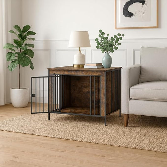 Dog Crate Furniture 40" Sturdy Heavy Duty Dog Kennel Solid Metal Tube Thick Wooden with 3 Lockable Doors Single Dog Cage Large Breed as TV Stand End Table for Large Dog Rustic Brown-PawvioPets