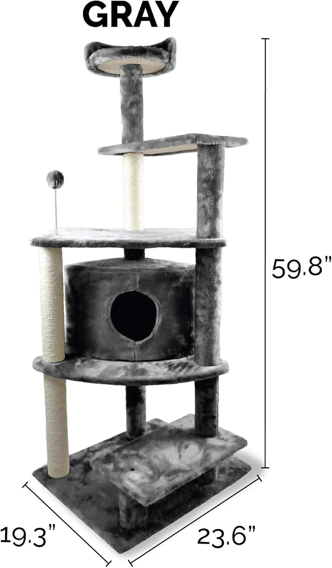 Furhaven 59.8" Tall Cat Tree for Indoor Cats, Ft. Sisal Scratching Posts, Condo, & Toys - Tiger Tough Platform House Interactive Playground Tower - Gray, One Size-PawvioPets