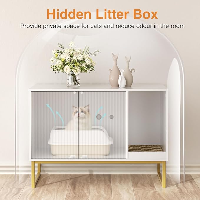 Cat Litter Box Enclosure, Fluted Hidden Litter Box Furniture with Scratch Pad and Metal Legs, Modern Enclosed Cat Cabinet, 31.5 x 17.7 x 21.7 Inches Indoor Pet House for Living Room, Washroom, White-PawvioPets