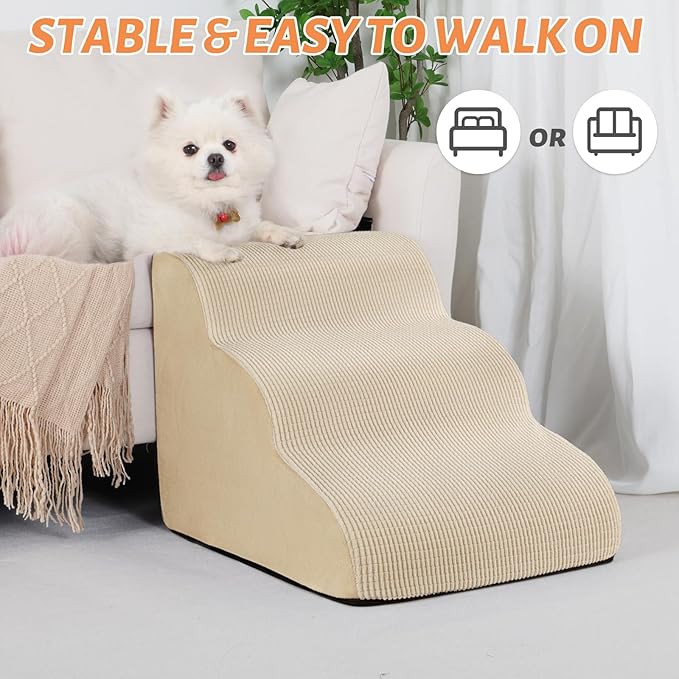 3-Step Dog Ramp and Stairs for Sofa and Chair - Non-Slip Sturdy Pet Steps for Small Dogs and Cats,15.7" H,Beige-PawvioPets