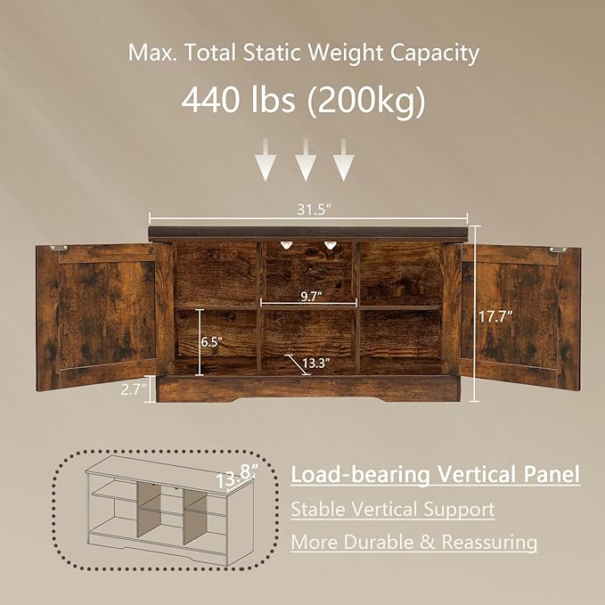 DINZI LVJ Shoe Bench, Entryway Storage Bench with Doors, Cushion, 2-Tier Shoe Rack with 6-Cubby, 31.5”L x 13.8”W Shoe Organizer Cabinet, Adjustable Shelf, Living Room, Bedroom, Rustic Brown-PawvioPets