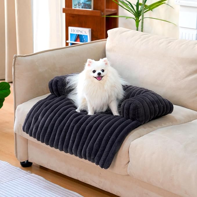 FUNNY FUZZY Pet Couch Cover for Sofa, Calming Dog Bed for Couch, Fluffy Plush Cat Bed Mat for Furniture Protector for Small Dogs and Kitten, 27×24 in, Dark Grey-PawvioPets