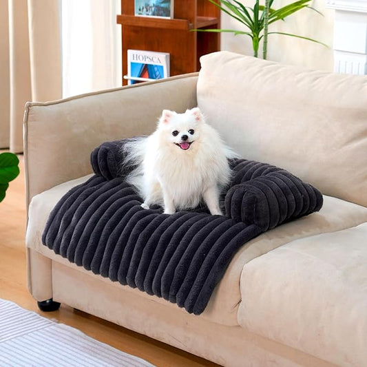 FUNNY FUZZY Pet Couch Cover for Sofa, Calming Dog Bed for Couch, Fluffy Plush Cat Bed Mat for Furniture Protector for Small Dogs and Kitten, 27×24 in, Dark Grey-PawvioPets