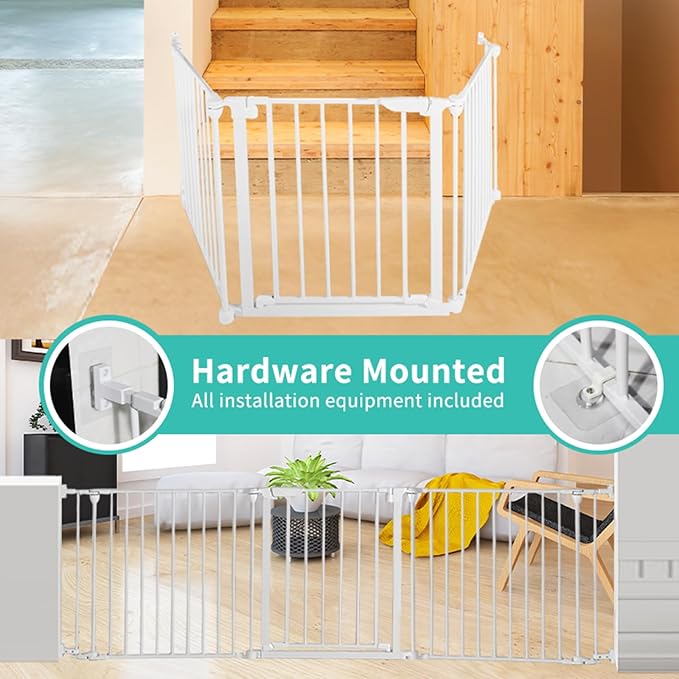 Extra Wide Baby Gate, 30" Tall 142" Wide Configurable Baby Gate Fireplace Safety Fence, Metal Pet Safety Playpen for Toddler/Pet/Dog Christmas Tree Fence (Whtie, (6-Panel))-PawvioPets