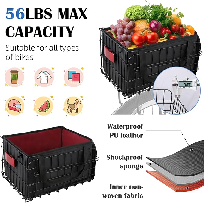 Bike Basket Rear, Folding Bicycle Basket with Removable Waterproof Liner Bag, Rear Bike Cargo Rack, Bike Accessories Frame Basket for Adult Women Men Carrying Dogs,Pet,Grocery,Quick Release Design-PawvioPets