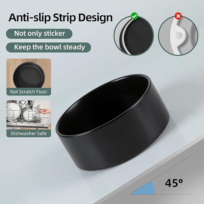 Ceramic Raised Double Bowls Set with Stand, 2 Heights Elevated, Food & Water Bowls for Small Breed Dogs, Weighted Dog Dishes, Pet Bowl(6.1'',28.7oz, Black)-PawvioPets