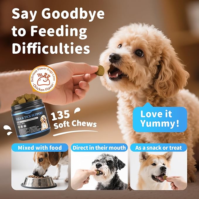 Dog Flea and Tick Support Chewable, Natural Dog Flea Comfort Supplement, Oral Chews with Neem, Oregano Oil, Pumpkin Seed Oil & Brewer's Yeast – 135 Soft Chews, Chicken Flavor – for All Breeds & Sizes-PawvioPets