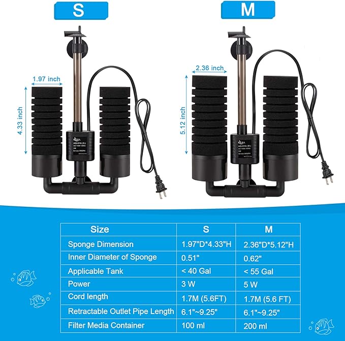 AQQA Aquarium Sponge Filter, Power Driven Double Biochemical Water Filter, Quiet Submersible Foam Filter with 2 Extra Sponges, 1 Bag of Filtered Ceramic Balls for Fresh and Salt Water Fish Tank (S)-PawvioPets