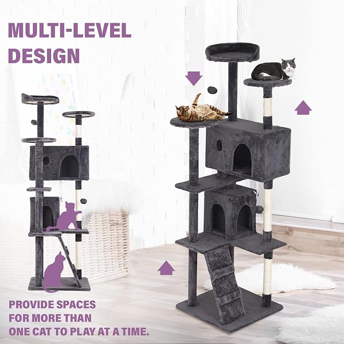 70 inches Cat Tower for Indoor Cats Multi-Level Cat Condos for XL Cat Tree Cat Climbing Tower with Scratching Posts, Hanging Toys,Light Gray-PawvioPets
