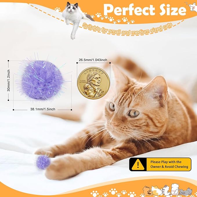 DF DUALFERV 60 Pcs Cat Pom Pom Balls, Interactive Cat Toys, Sparkle Balls for Cats, Extra Large and Fuzzy for Exercise and Entertainment, Multicolor, 1.5 Inch-PawvioPets