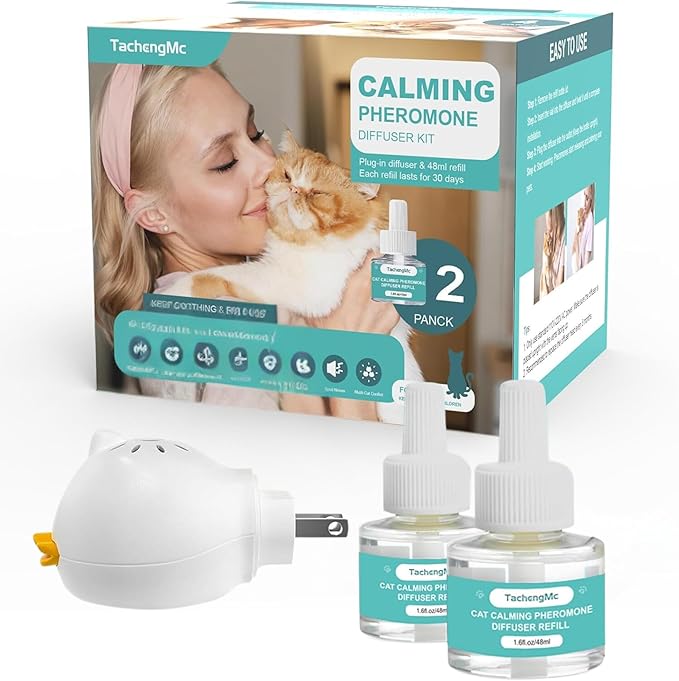 Cat Calming Diffuser, Cat Pheromones Calming Diffuser, Effectively Relieve Anxiety Stress Cat Diffuser Calming Multicat with 1 Diffuser + 2 Refill 48ml Last 60 Days Fits All Cats-PawvioPets