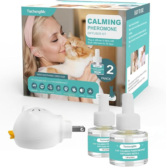 Cat Calming Diffuser, Cat Pheromones Calming Diffuser, Effectively Relieve Anxiety Stress Cat Diffuser Calming Multicat with 1 Diffuser + 2 Refill 48ml Last 60 Days Fits All Cats-PawvioPets
