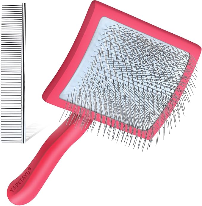 Dog Slicker Brush for Shedding and Grooming Medium or Long Haired Cats, Extra Long & Soft Pin Slicker Brush for Removes Loose Hair, Tangles, Knots, Undercoat, Free Pet Comb, Large Red-PawvioPets
