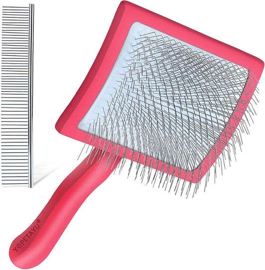 Dog Slicker Brush for Shedding and Grooming Medium or Long Haired Cats, Extra Long & Soft Pin Slicker Brush for Removes Loose Hair, Tangles, Knots, Undercoat, Free Pet Comb, Large Red-PawvioPets