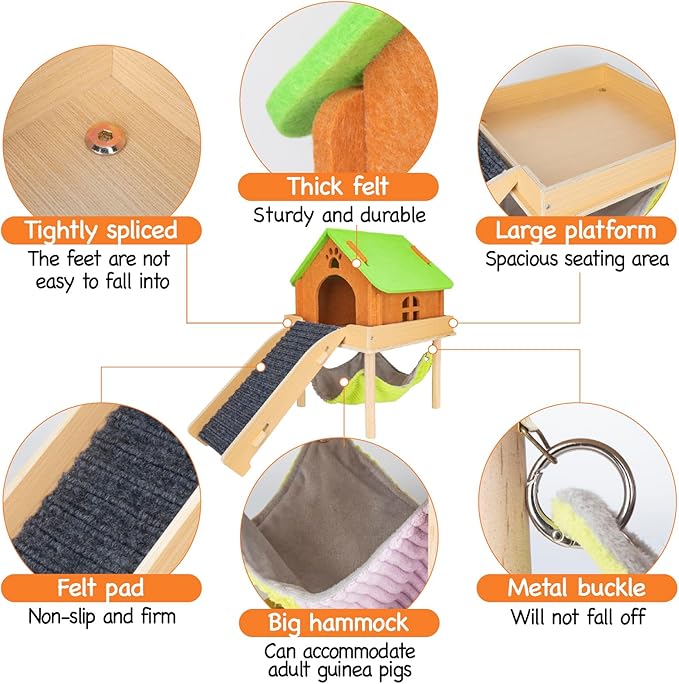 3 in 1 Enlarged Guinea Pig Hammock with House & Platform,Wooden Guinea Pig Hideout with Hammock & Stairs Small Animal Toys for Hiding Sleeping Activities-PawvioPets