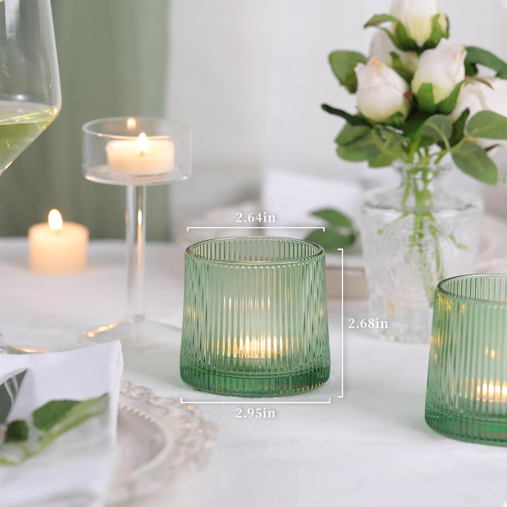 DARJEN Green Ribbed Tealight Votive Candle Holders- 6Pack Glass Candle Holders for Table Centerpiece, Wedding Decor, Home Decor, Party Dinner