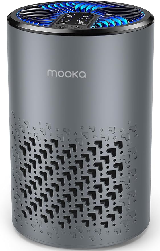 Air Purifiers for Bedroom Home, MOOKA HEPA Air Purifier for Home Pets with Fragrance Sponge for Smoke Dust Pollen Dander Odor, Small Air Purifier with Sleep Mode Night Light Timer, KJ067L, Grey-PawvioPets