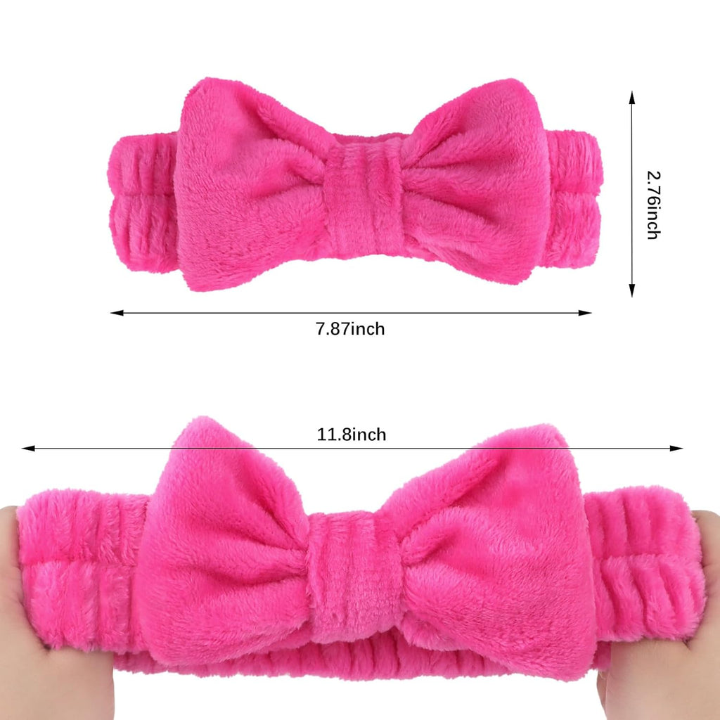 Semato 8 Pcs Hot Pink Spa Headband for Washing Face and Makeup Bridesmaid Proposal Gifts Pink Party Favors for Women Coral Fleece Skincare Headbands Elastic Bow Head