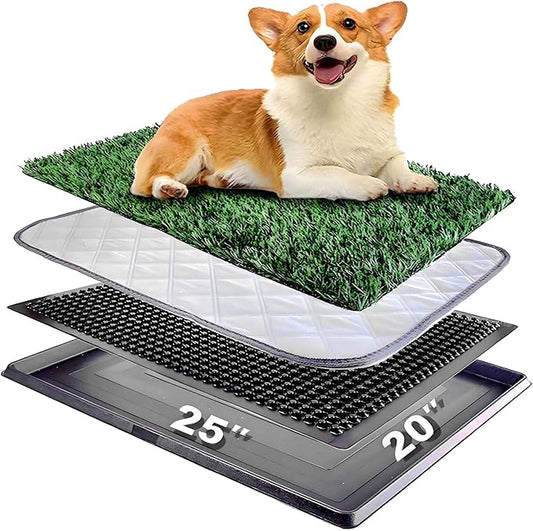 Dog Grass Pad with Tray 25"X20" - Portable Dog Litter Box for Balcony/Patio, Indoor/Outdoor Artificial Turf Pet Potty for Puppy Training, with Washable Pee Pad and Fake Grass Mat-PawvioPets