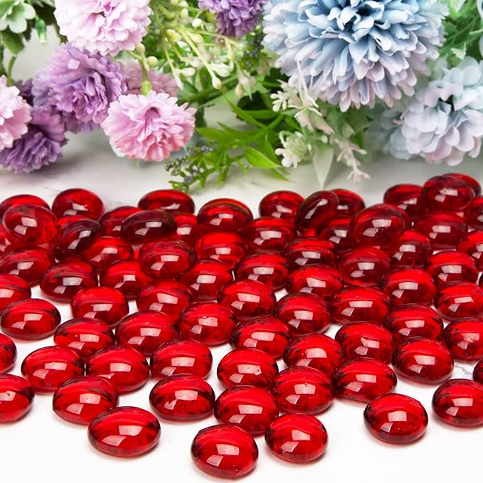 FUTUREPLUSX 1LB Red Glass Beads, Flat Glass Marbles Burgundy Pebbles Marbles for Vases Decorative Red Colored Gemstones Fish Tank Table Scatter Decor Art Craft-PawvioPets